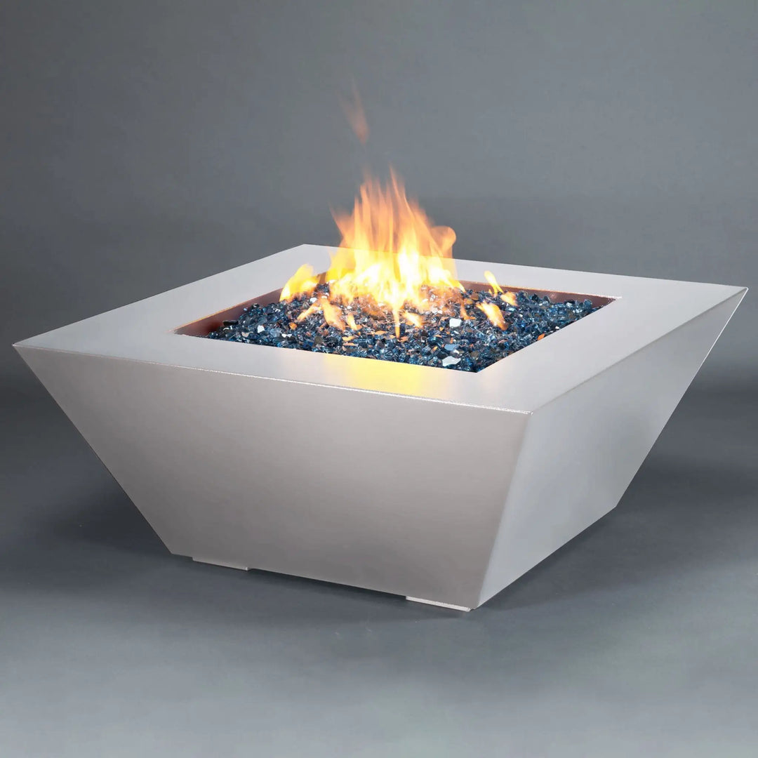 Full view of the Starfire Designs Mill 48-inch Square Steel Gas Fire Pit in White Hammertone, offering a sleek and modern centerpiece for any outdoor space