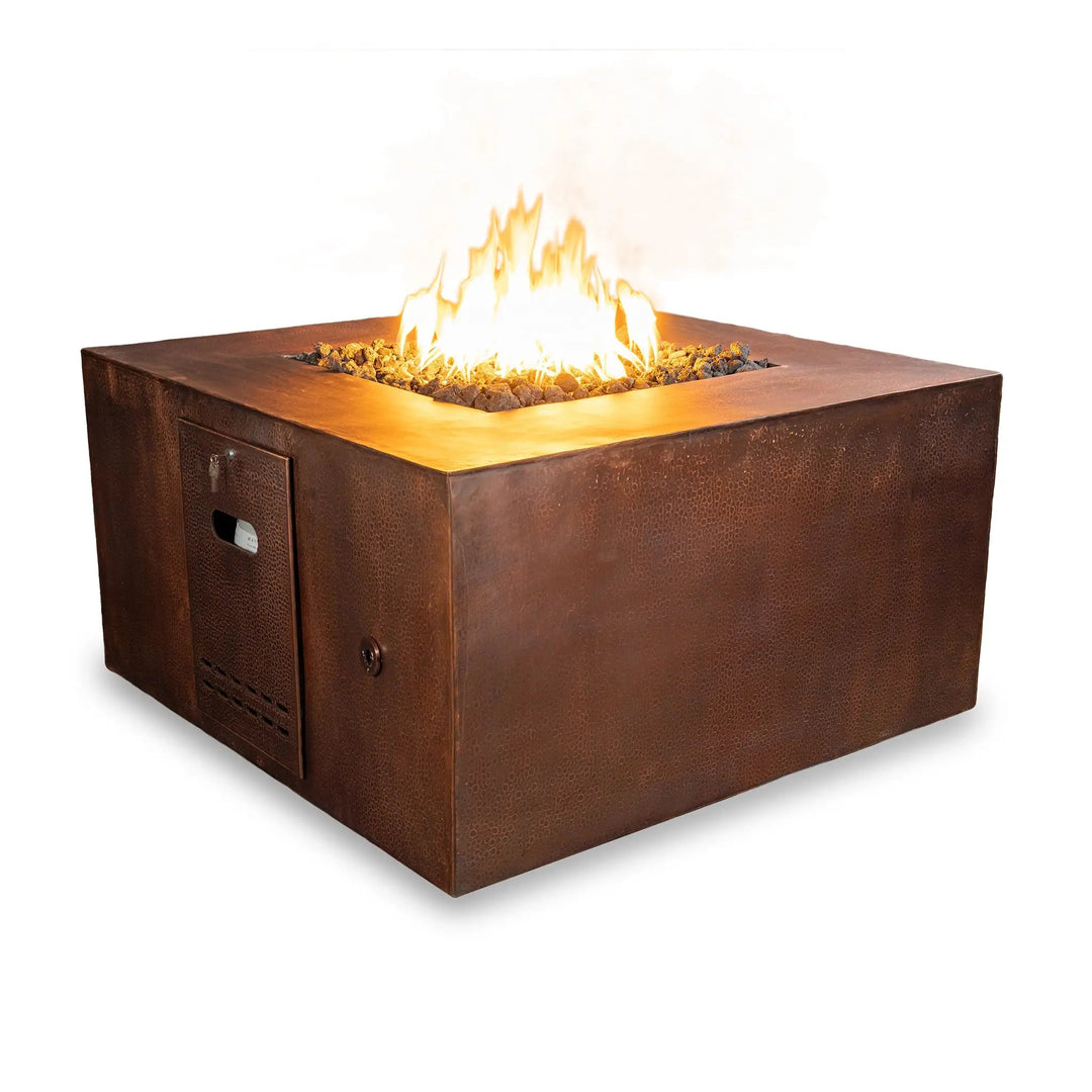 45-inch square copper fire pit by Starfire Designs, Gravity Moreno series, featuring a hidden propane tank compartment and textured copper finish, perfect for modern outdoor fire pit setups in luxurious backyards