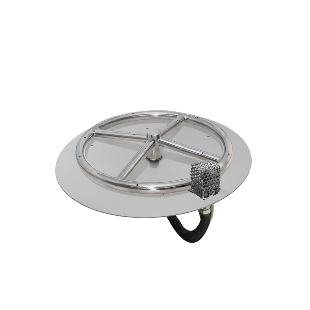 Stainless steel round fire pit burner kit by Starfire Designs, featuring a high-quality burner with a built-in air mixer and pan for natural gas or propane fire pits