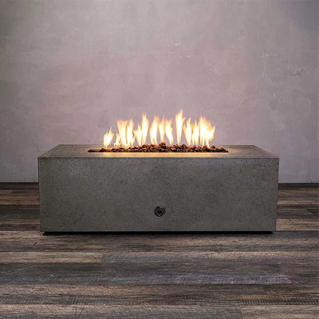 Starfire Designs Rustic 48-inch x 32-inch Rectangle Concrete Gravity Gas Fire Pit in brown, featuring a vibrant natural gas flame, perfect for modern outdoor spaces