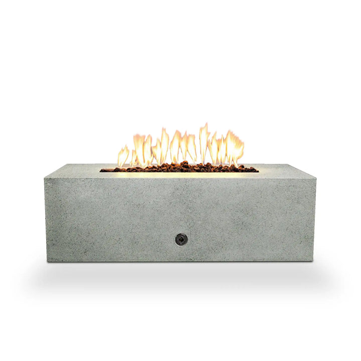 Starfire Designs Rustic 45-inch round concrete Gravity gas fire pit on a white background with flame, showcasing a minimalist design perfect for outdoor spaces.