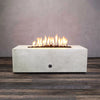 Wide shot of a white rectangular fire pit with flames, great for large outdoor fire pits and modern fire pit designs