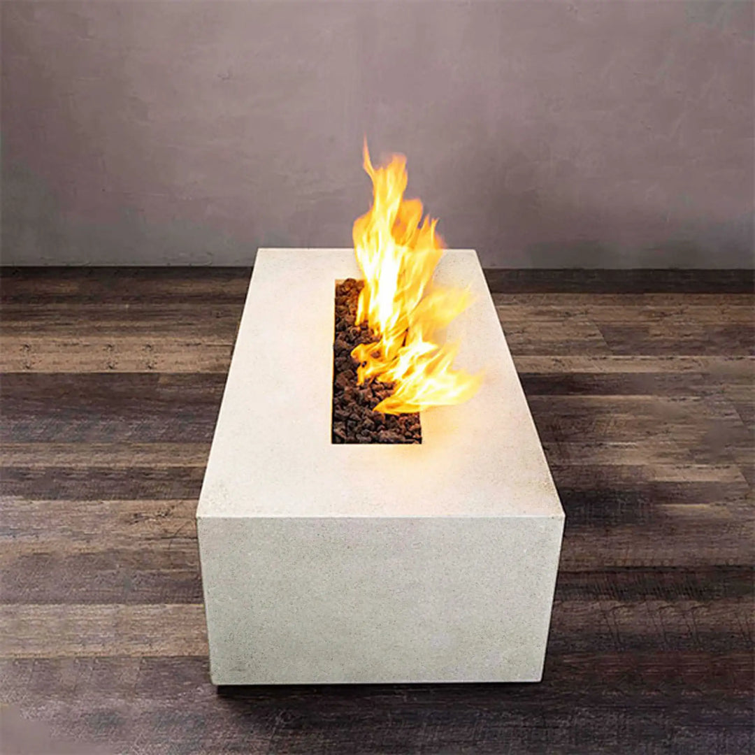 White rectangular outdoor fire pit with flames, perfect for large backyard fire pit settings, modern luxury fire pits