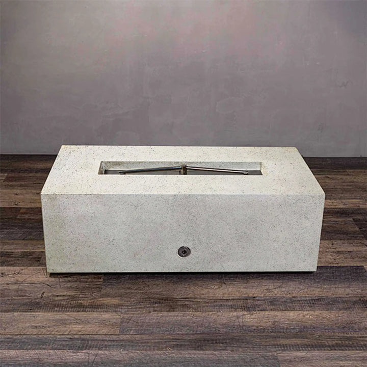 White rectangular fire pit with unlit burner, perfect for modern fire pit outdoor setups