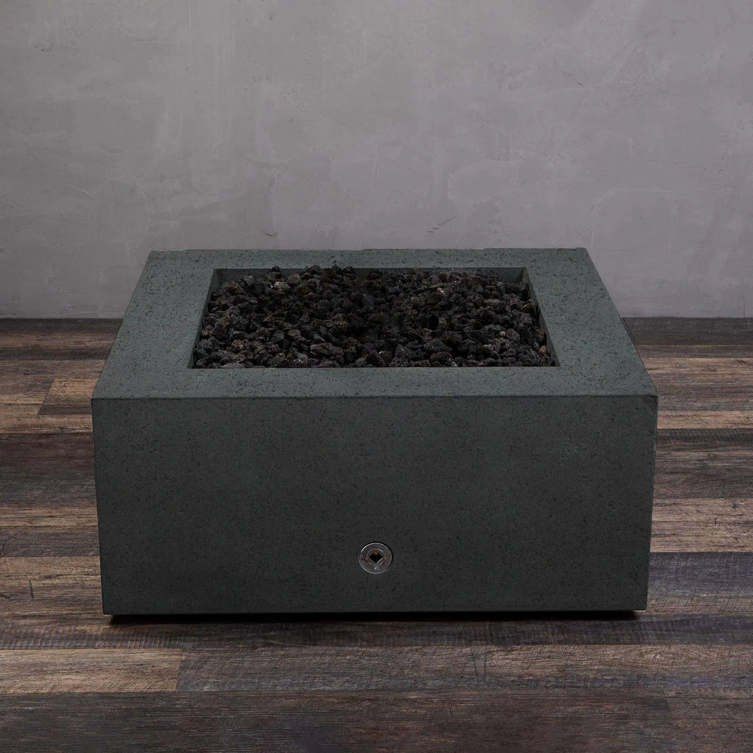 Back view of the Starfire Designs Rustic Gravity 36-inch Square Concrete Gas Fire Pit in graphite, displaying the fire pit's minimalistic and robust structure