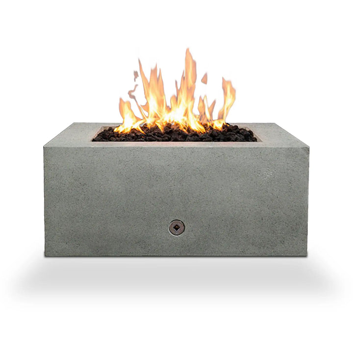 Front view of the Starfire Designs Rustic Gravity 36" Square Concrete Gas Fire Pit on a white background