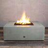 Front view of the Starfire Designs Rustic Gravity 45-inch square concrete gas fire pit in natural gray. This outdoor fire pit is designed with a durable concrete structure and features a modern square shape, perfect for luxury outdoor spaces