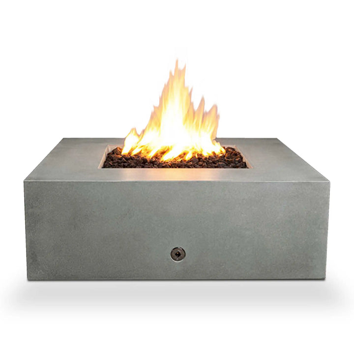 Starfire Designs Rustic Gravity 45-inch Square Concrete Gas Fire Pit in a silo view, highlighting the sleek and modern design with a vibrant flame, perfect for enhancing any outdoor space