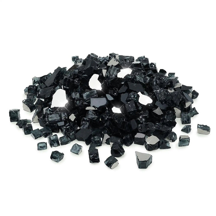 Starfire Glass 1/2" Black Reflective Broken Fire Glass in a 10lb pile, showcasing a glossy and dramatic black finish with sparkling mirror-like reflections. Designed for outdoor fire pits, this fire glass enhances your patio fire pit's modern aesthetics with a bold and elegant look.