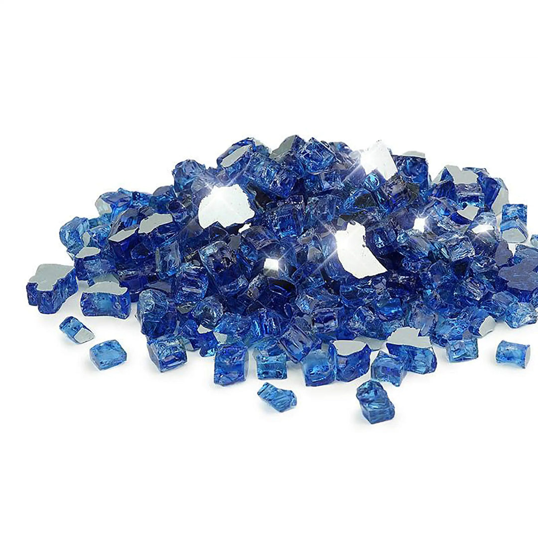 Starfire Glass 1/2" Cobalt Reflective Broken Fire Glass in a 10lb pile, displaying a deep, rich blue tone with sparkling reflective surfaces. Perfect for creating a luxurious and modern fire pit design for your outdoor space.