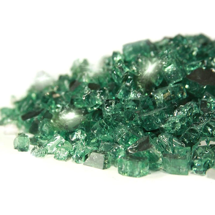 Starfire Glass 1/2" Evergreen Reflective Broken Fire Glass in a 10lb pile, featuring lush green tones with shimmering reflective highlights. Ideal for outdoor fire pits, adding a vibrant and natural aesthetic to your backyard.