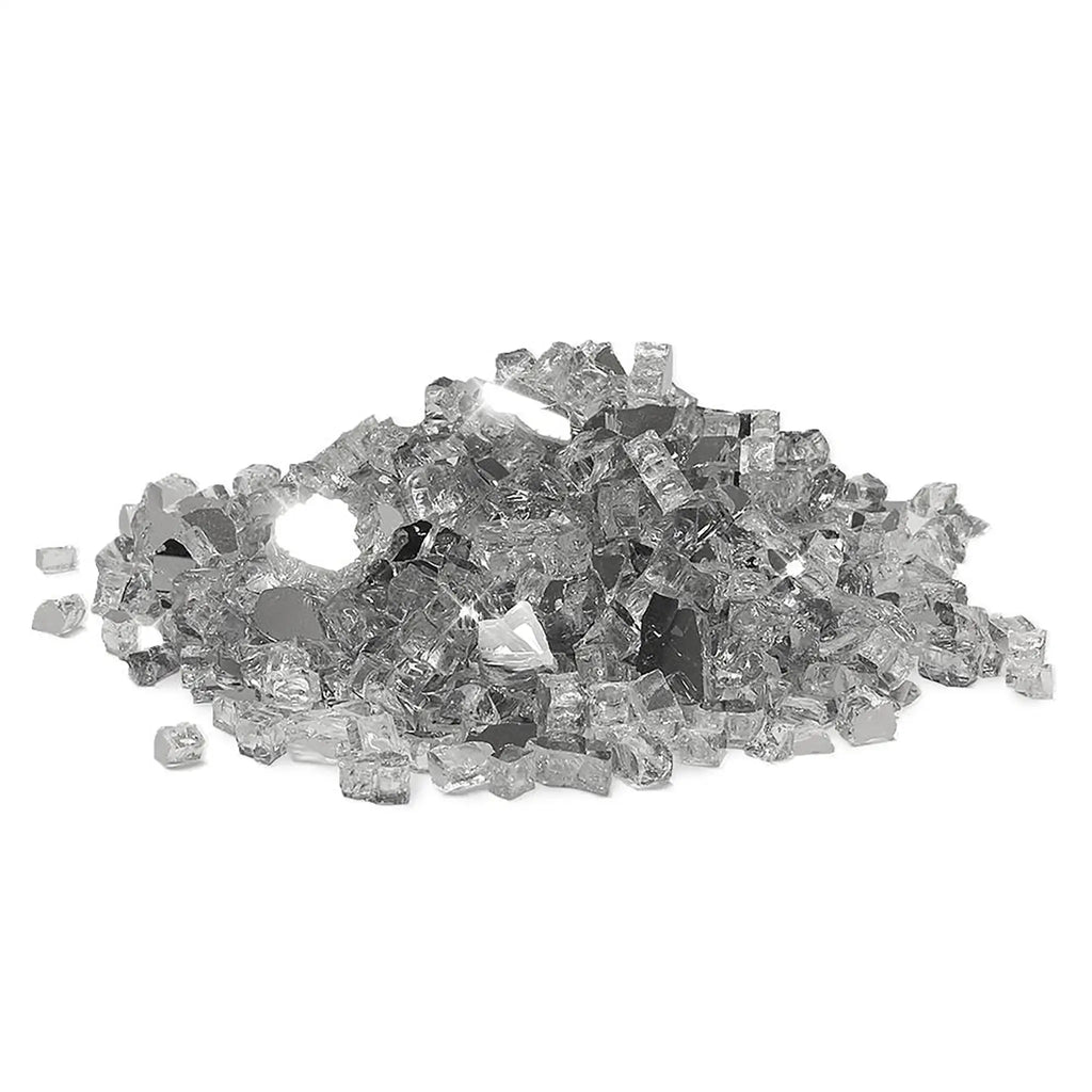 A close-up view of Starfire Glass 1/2" broken fire glass in titanium reflective color. This premium fire glass features a metallic shine and angular cuts, making it a luxurious addition to contemporary fire pits. Compatible with propane or natural gas fire pits, it enhances backyard aesthetics and ambiance.