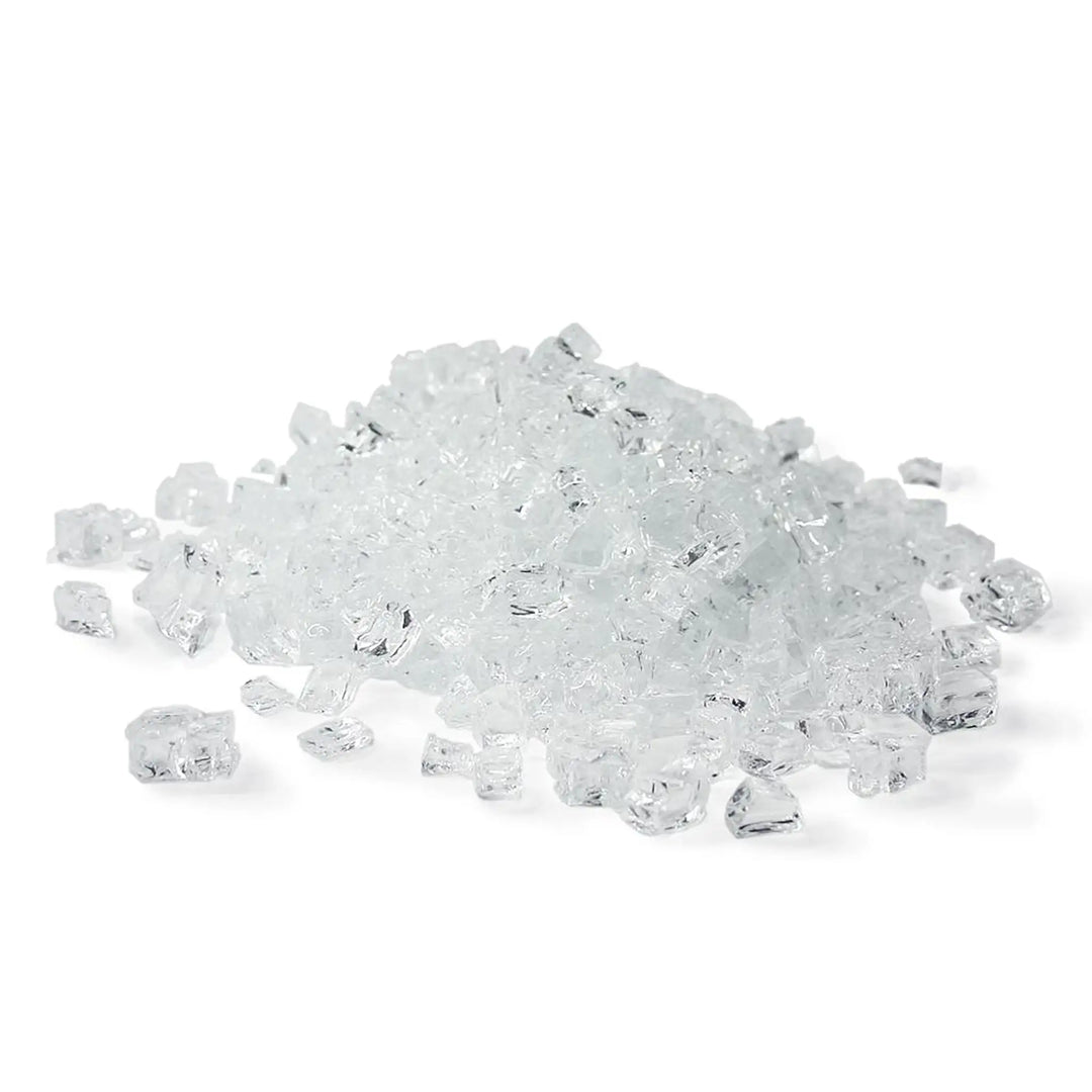 A detailed close-up of Starfire Glass 1/2" broken fire glass in ultra-clear color. The reflective pieces showcase a stunning crystalline texture, perfect for enhancing modern fire pits and outdoor spaces. Ideal for fire pits with natural gas or propane, this high-quality fire glass adds elegance to any setting.