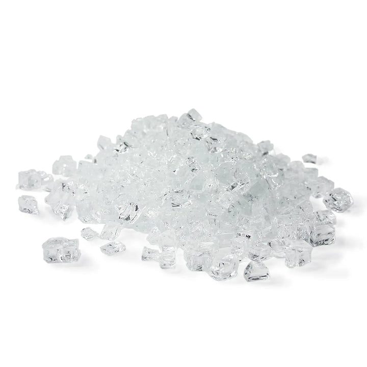 A detailed close-up of Starfire Glass 1/2" broken fire glass in ultra-clear color. The reflective pieces showcase a stunning crystalline texture, perfect for enhancing modern fire pits and outdoor spaces. Ideal for fire pits with natural gas or propane, this high-quality fire glass adds elegance to any setting.