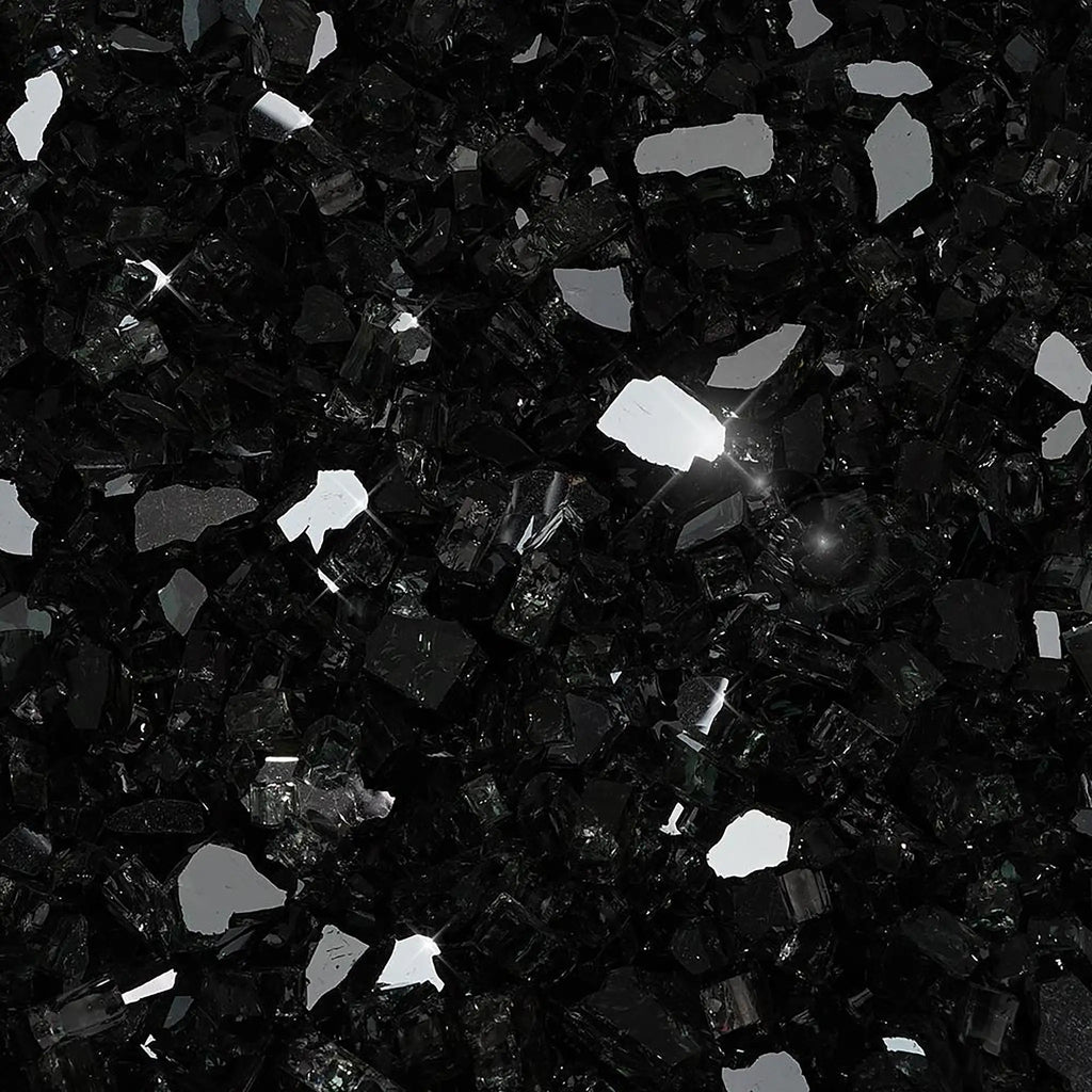 Close-up detail of Starfire Glass 1/4" Broken Fire Glass in Black Reflective. Its deep black color and sparkling mirrored accents create a dramatic, sophisticated effect. This fire glass is perfect for modern fire pits, outdoor fire bowls, or patio fire tables, offering exceptional durability and a sleek finish.

