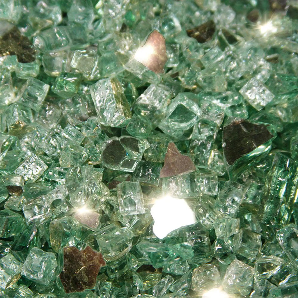 Starfire Glass 1/4" Broken Fire Glass in Evergreen Reflective shown in a close-up. Its lush green tones with mirrored accents provide a vibrant, natural elegance. Ideal for outdoor fire pits, backyard fire tables, or patio fire features, combining style with high performance.