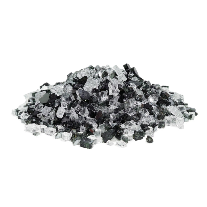 A pile of Starfire Glass 1/4" Broken Pre-Mixed Fire Glass in Black Diamond (10lbs), featuring a striking combination of deep black and crystal-clear fire glass. This high-quality fire pit glass enhances any outdoor fire feature, reflecting light beautifully to create a dazzling glow. Perfect for modern fire pits, gas fire bowls, and luxury fire tables.