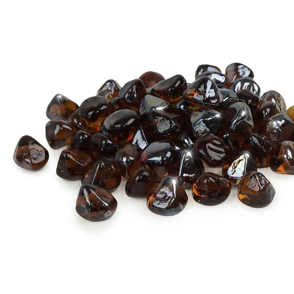 Starfire Glass Reflective Fire Diamonds in Copper, featuring a warm metallic shimmer ideal for commercial fire pits and gas fire bowls for outdoor spaces. These durable fire glass gems provide a rich, inviting glow in both modern and rustic settings.