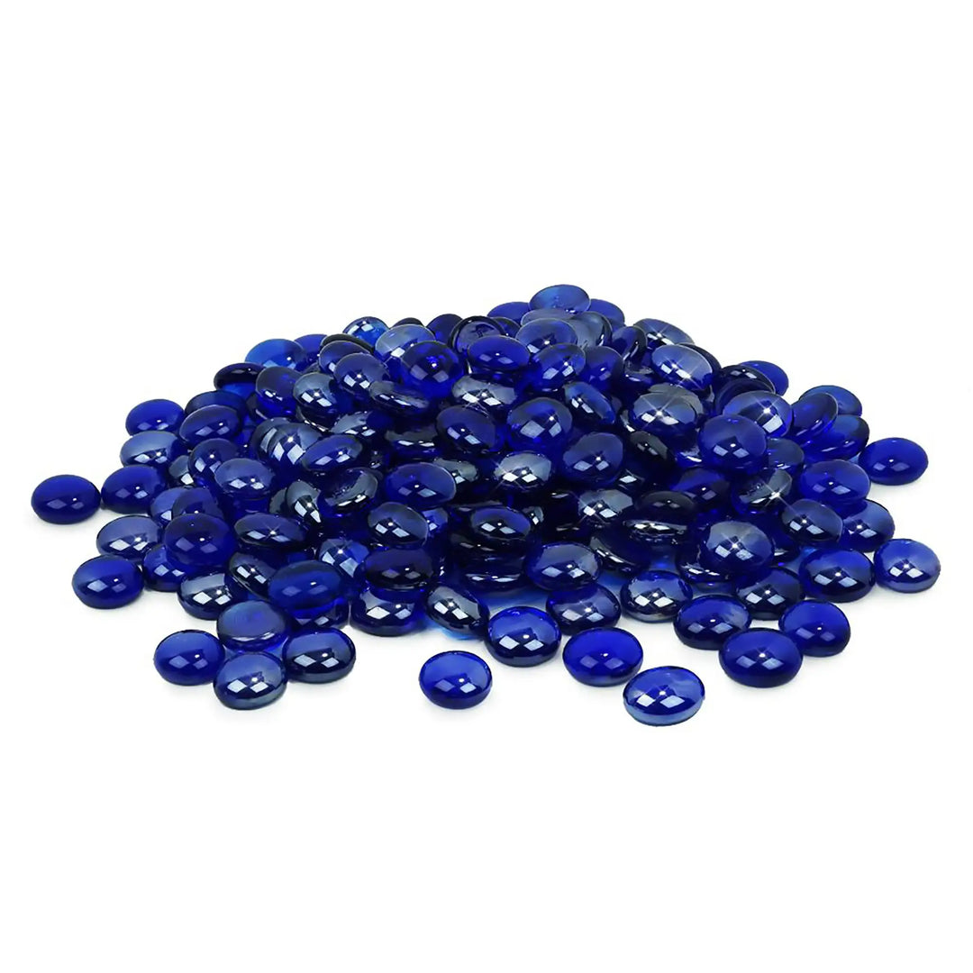 Starfire Glass Reflective Fire Drops in Cobalt, featuring an intense, deep blue color with a reflective and polished finish. These durable fire-safe glass stones elevate fire pits and fireplaces with their striking appearance and mesmerizing glow.