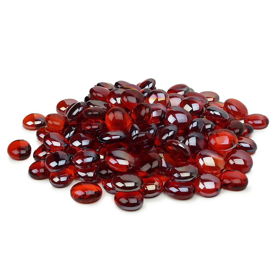 Starfire Glass Reflective Fire Drops in Red, featuring a rich garnet color with a glossy, highly reflective finish. These vibrant fire glass stones create a bold and dramatic effect in fire pits and fireplaces, intensifying the warm glow of the flames.