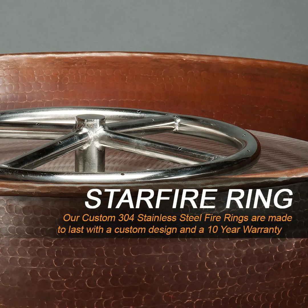 Custom 304 stainless steel Starfire Ring fire pit burner with a durable design and a 10-year warranty, showcased within a hand-hammered copper fire pit by Starfire Designs