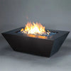 The Starfire Designs Steel Mill 60" x 32" Rectangle Gas Fire Pit in a Silver Vein finish, with a vibrant flame glowing over reflective blue fire glass. The fire pit's modern rectangular design is complemented by its robust silver vein texture, creating a luxurious centerpiece for outdoor spaces. Ideal for patio heating, fire glass aesthetics, and outdoor entertainment.