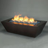 Full view of the Steel Mill 72-inch by 38-inch Rectangle Gas Fire Pit in Copper Vein finish, featuring a vibrant fire display with blue fire glass, adding a warm ambiance to outdoor settings