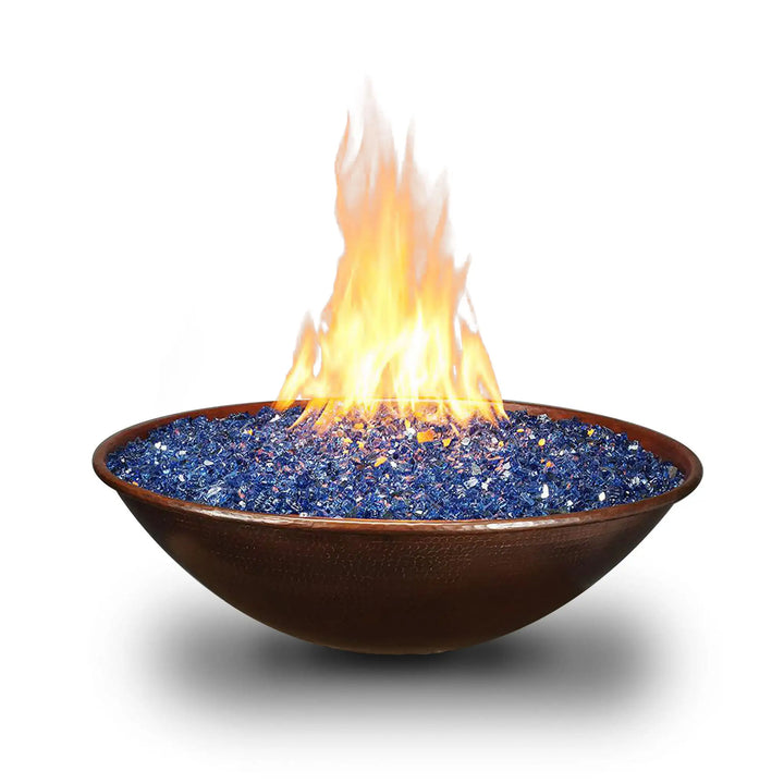 Taza Moreno 30-inch round copper fire and water bowl with blue fire glass and flames, shown on a white background, perfect for luxury outdoor fire pits by Starfire Designs