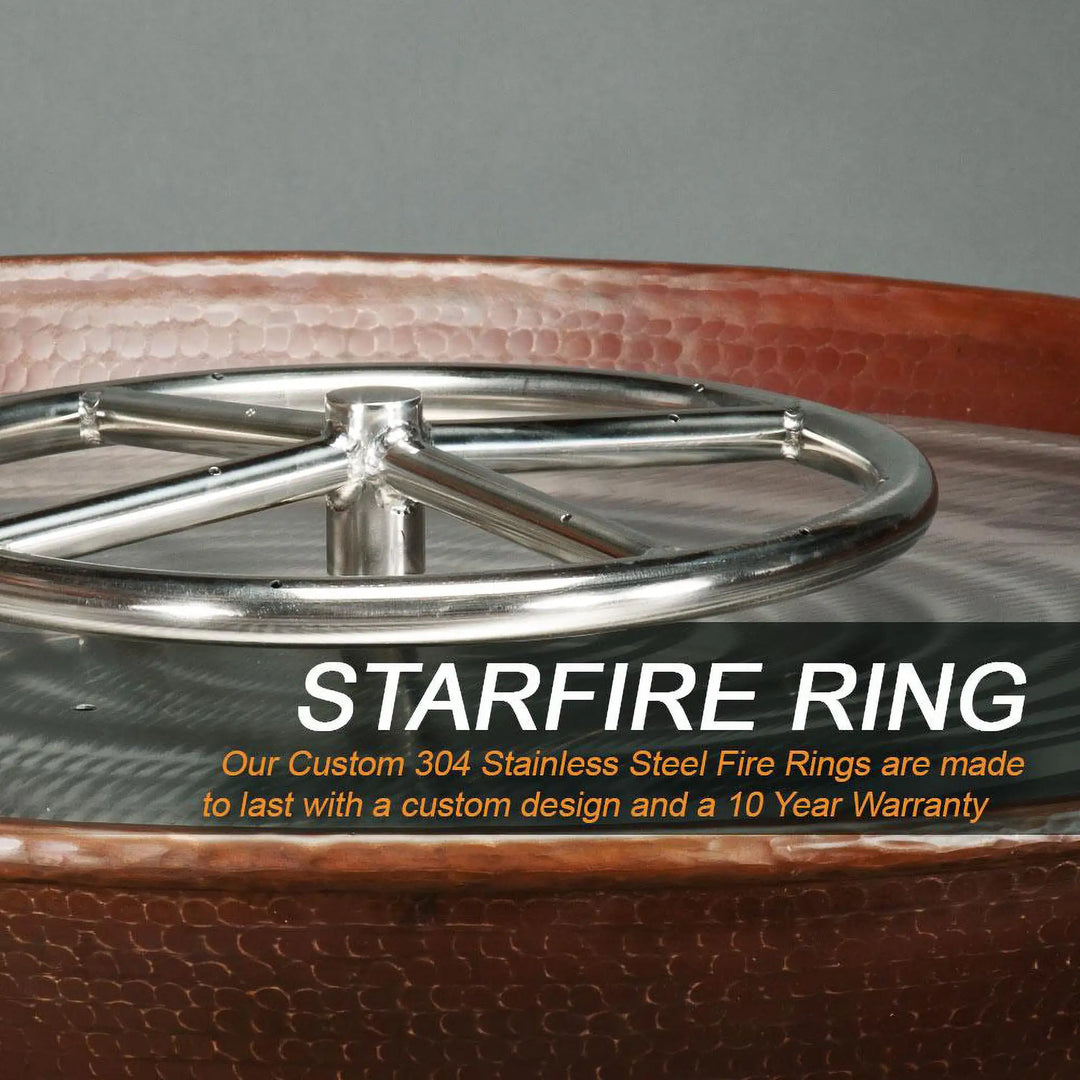 Close-up of the Starfire Ring within the Taza Moreno 30-inch round copper fire and water bowl, featuring custom 304 stainless steel for durability and a luxurious finish by Starfire Designs