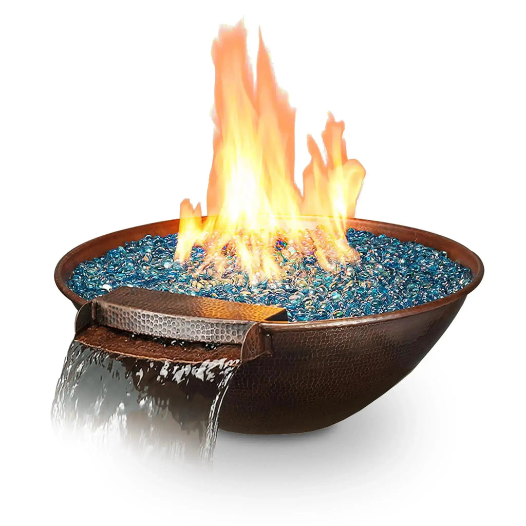 Taza Moreno 30-inch round copper fire and water bowl with blue fire glass and flowing water feature, luxury outdoor fire pit on a white background for modern backyard designs by Starfire Designs