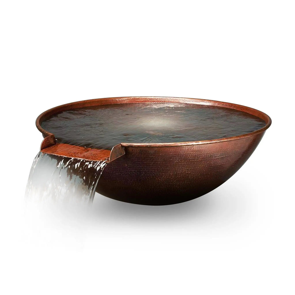 Taza Moreno 30-inch round copper water bowl with a cascading water feature, shown on a white background, perfect for luxury outdoor water features by Starfire Designs