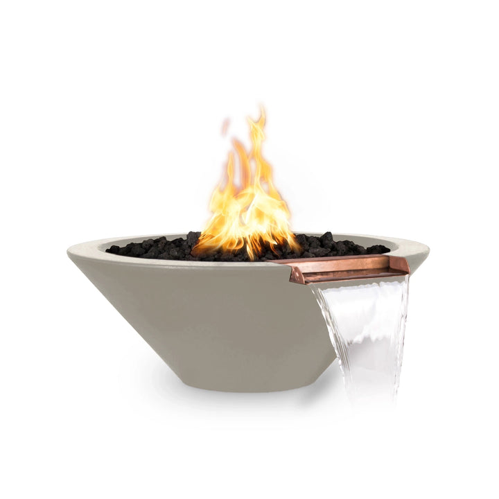 The Outdoor Plus 24-inch Round Concrete Cazo Fire and Water Bowl in ash features a sleek, modern design with a copper spout for water flow and an integrated fire pit. Ideal for outdoor spaces, this ash-colored fire and water bowl creates a luxurious ambiance combining fire and water elements.