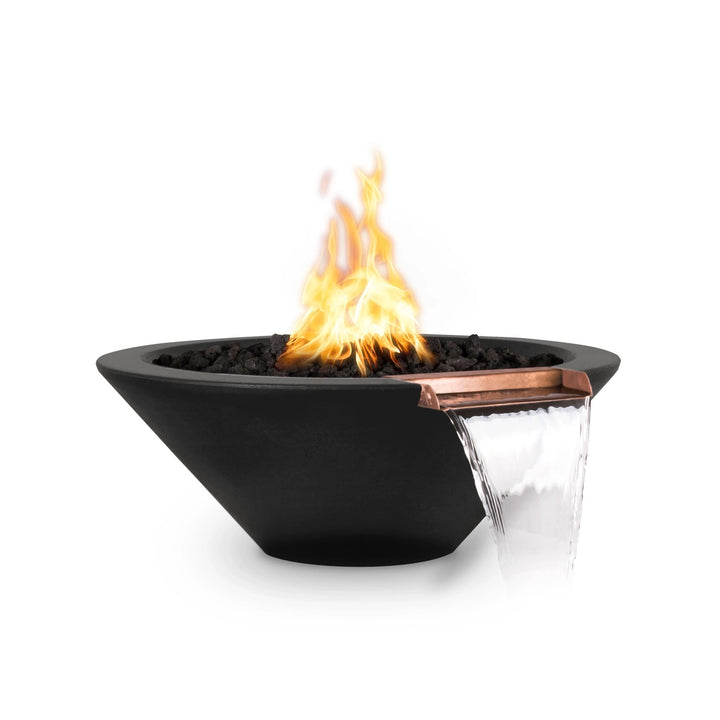 The Outdoor Plus 24-inch Round Concrete Cazo Fire and Water Bowl in black boasts a bold and sophisticated look with a copper waterfall feature. This dual-purpose fire and water bowl enhances any outdoor setting, providing both fire and tranquil water flow in a durable black finish