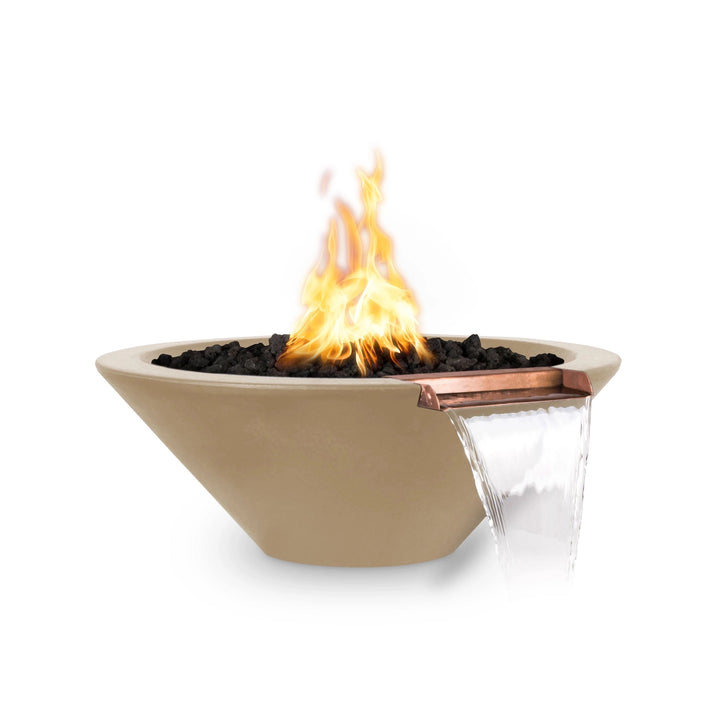 The Outdoor Plus 24-inch Round Concrete Cazo Fire and Water Bowl in brown presents a natural, earthy tone with a warm fire feature and copper spout for cascading water. This outdoor fire and water bowl offers a stunning focal point for modern landscapes and patios