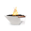 The Outdoor Plus 24-inch Round Concrete Cazo Fire and Water Bowl in limestone showcases a modern design with a light limestone color, copper water spout, and fire feature. This bowl seamlessly blends fire and water, creating a striking visual element for outdoor living spaces