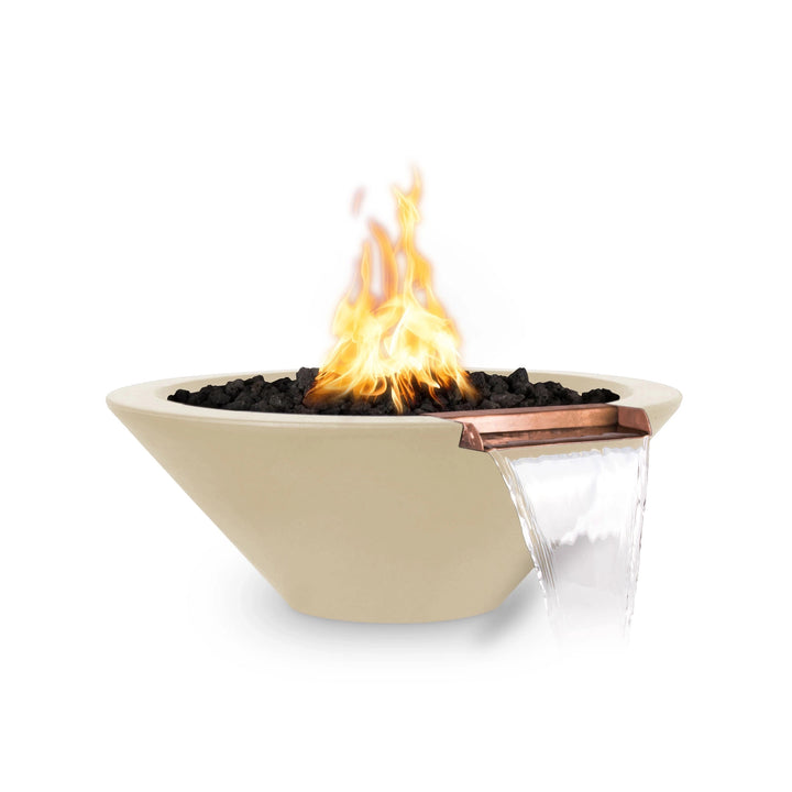 The Outdoor Plus 24-inch Round Concrete Cazo Fire and Water Bowl in vanilla provides an elegant addition to any outdoor setting. The light vanilla hue, combined with a copper water spout and fire feature, brings both beauty and serenity to outdoor patios or gardens