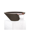 The Outdoor Plus 24" Round Concrete Cazo Water Bowl in chocolate color. A deep brown, chocolate-toned water bowl crafted from sturdy concrete with a copper water spillway. This elegant water feature brings sophistication and relaxation to outdoor settings, perfect for a backyard or garden