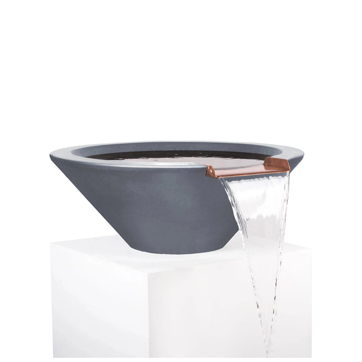 The Outdoor Plus 24" Round Concrete Cazo Water Bowl in gray color. This sleek and modern concrete water bowl has a neutral gray finish and a copper spillway, creating a subtle and calming water feature for contemporary outdoor spaces. Ideal for adding a minimalist water element to patios or garden areas.