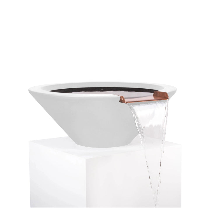 The Outdoor Plus 24" Round Concrete Cazo Water Bowl in limestone color. This water bowl features a light limestone finish, with a natural and elegant look. Combined with a copper spillway, it offers a tranquil water feature perfect for blending into stone or natural outdoor designs