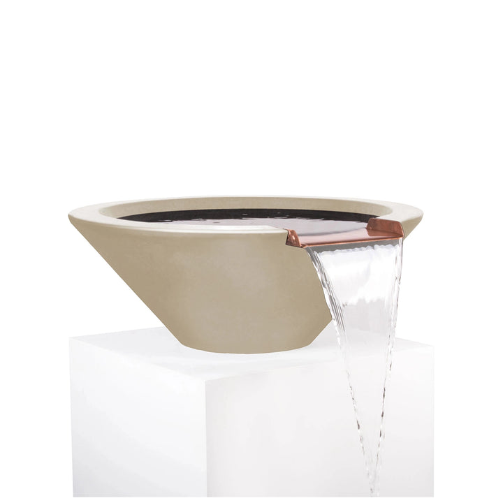 The Outdoor Plus 24" Round Concrete Cazo Water Bowl in vanilla color. A modern, elegant water bowl with a soft vanilla finish and a copper spillway. Ideal for contemporary outdoor spaces, this water bowl creates a soothing water feature, enhancing patios or garden designs with a minimalist touch.