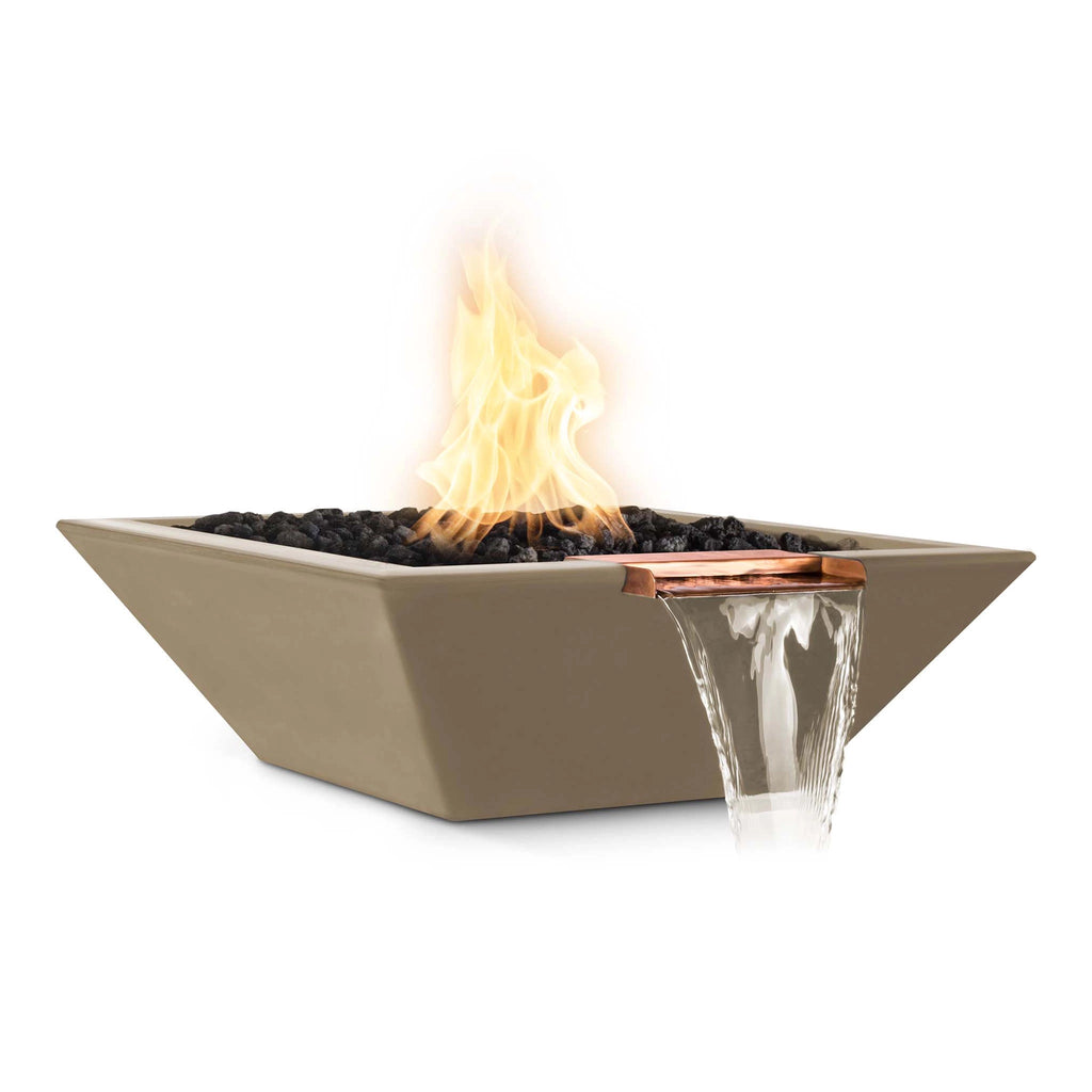 The Outdoor Plus 24" Round Concrete Cazo Water Bowl in black color. A round, contemporary water bowl constructed from solid concrete with a deep black finish, complemented by a copper water spillway that adds a refined touch. The bowl is designed to create a tranquil and modern water feature for any outdoor space.