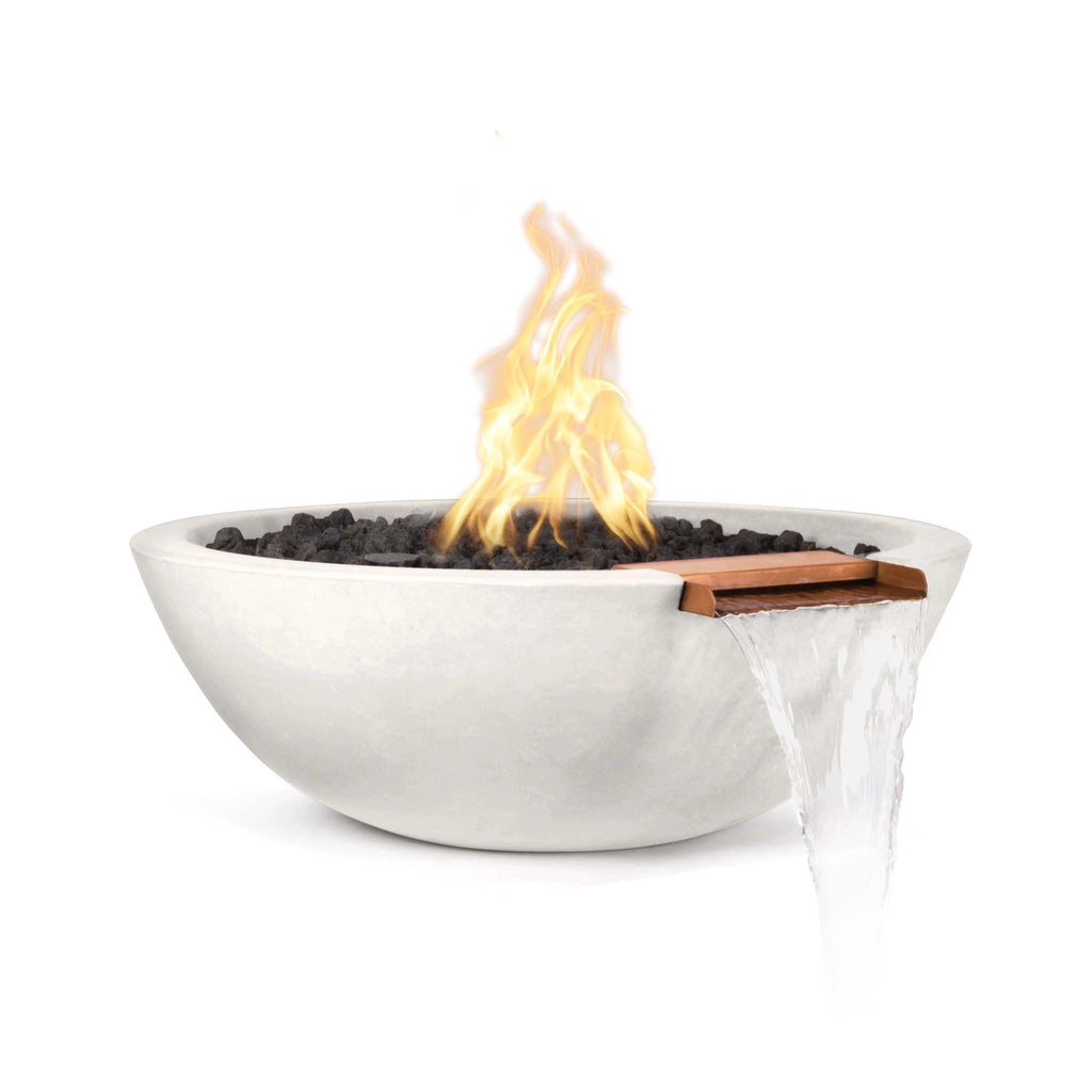 The Outdoor Plus 27-inch Round Concrete Sedona Fire and Water Bowl in Limestone finish. This stunning fire and water bowl combines the heat of a fire burner with the tranquility of a waterfall effect, making it a focal point in outdoor living areas. The limestone color gives it a light, airy feel, perfect for enhancing poolside or patio settings. Made from high-quality GFRC, this feature adds both beauty and functionality to outdoor spaces.
