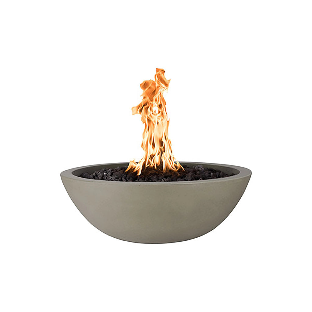 The Outdoor Plus 27-inch round Sedona fire bowl in an ash gray finish with a smooth, slightly textured surface, perfect for outdoor patios. This fire bowl offers an elegant natural aesthetic that blends well with earthy tones, ideal for luxury outdoor spaces.