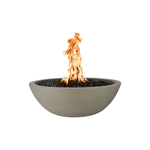 The Outdoor Plus 27-inch round Sedona fire bowl in an ash gray finish with a smooth, slightly textured surface, perfect for outdoor patios. This fire bowl offers an elegant natural aesthetic that blends well with earthy tones, ideal for luxury outdoor spaces.
