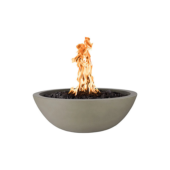 The Outdoor Plus 27-inch round Sedona fire bowl in an ash gray finish with a smooth, slightly textured surface, perfect for outdoor patios. This fire bowl offers an elegant natural aesthetic that blends well with earthy tones, ideal for luxury outdoor spaces.