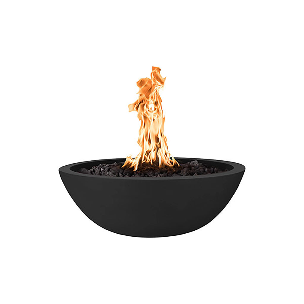 The Outdoor Plus 27-inch round Sedona fire bowl in a deep matte black finish, crafted from high-quality concrete, creating a bold and modern aesthetic for outdoor environments. This fire bowl adds a sleek, sophisticated look to any contemporary patio or backyard.
