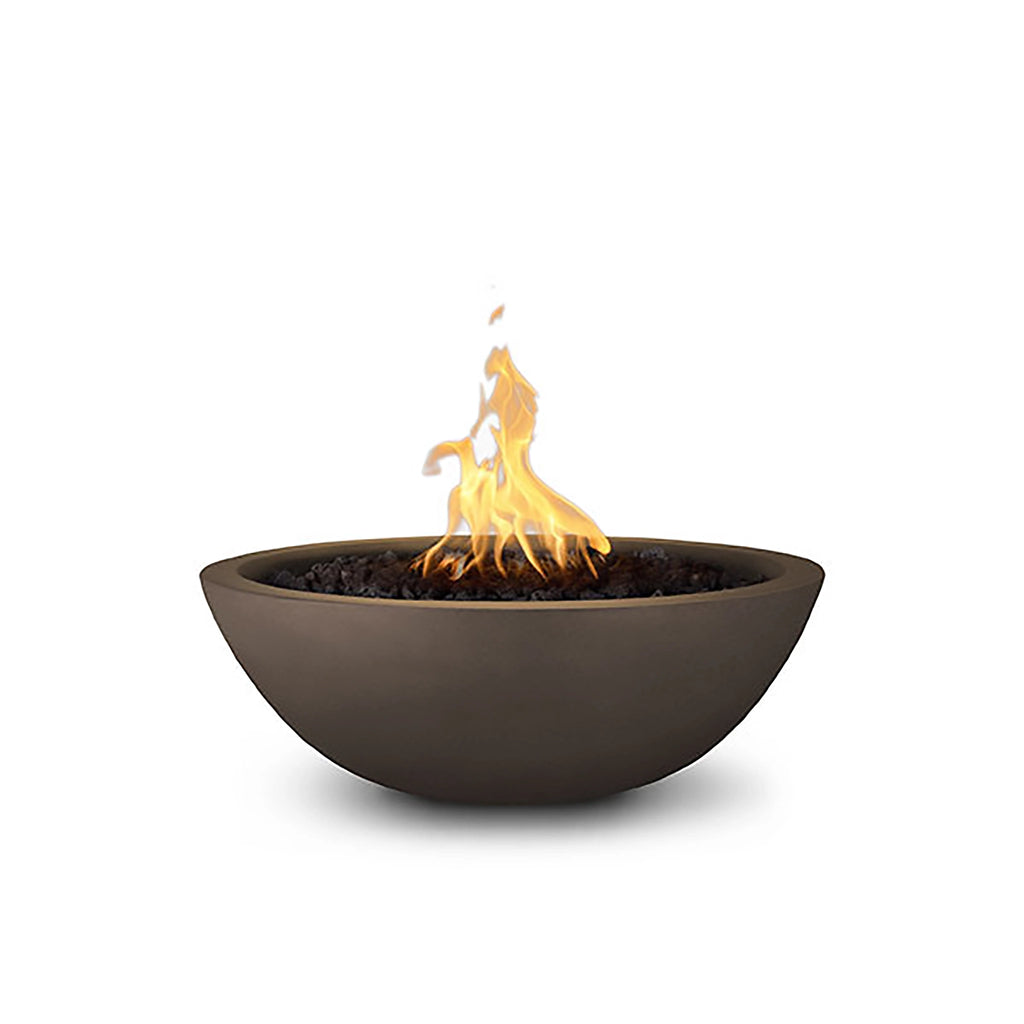 The Outdoor Plus 27-inch round Sedona fire bowl in a rich chocolate brown finish, exuding warmth and comfort. Ideal for those looking to add a touch of sophistication to their outdoor seating areas, this fire bowl is designed to enhance both functionality and style.