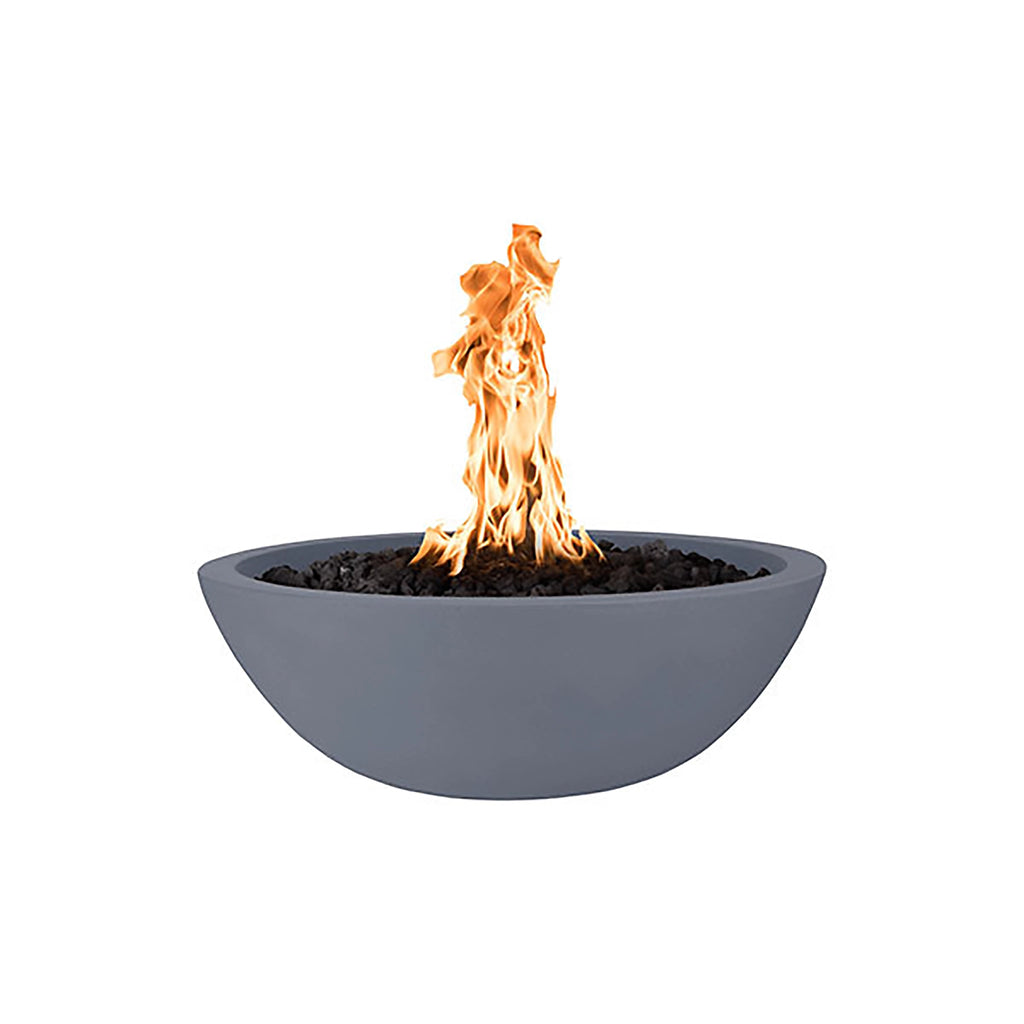 The Outdoor Plus 27-inch round Sedona fire bowl in a light matte gray finish, featuring a smooth and sleek surface that complements modern outdoor living spaces. This fire bowl is perfect for adding a minimalist, clean look to patios or gardens.