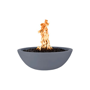 The Outdoor Plus 27-inch round Sedona fire bowl in a light matte gray finish, featuring a smooth and sleek surface that complements modern outdoor living spaces. This fire bowl is perfect for adding a minimalist, clean look to patios or gardens.
