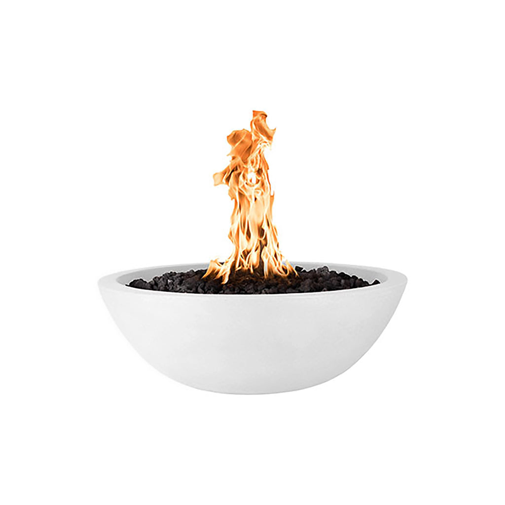The Outdoor Plus 27-inch round Sedona fire bowl in a white limestone finish, presenting a smooth, ivory-toned surface. Perfect for those seeking a natural and clean outdoor aesthetic, this fire bowl is a luxurious addition to any contemporary or traditional outdoor setting.